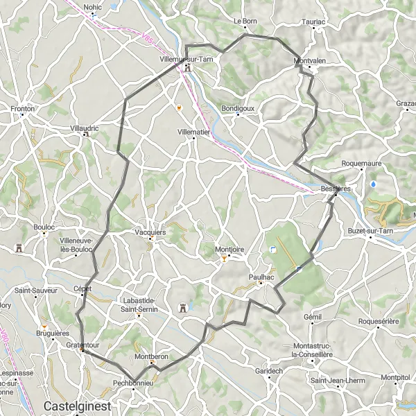 Map miniature of "Mirepoix-sur-Tarn Loop" cycling inspiration in Midi-Pyrénées, France. Generated by Tarmacs.app cycling route planner