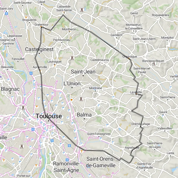 Zemljevid v pomanjšavi "Kolesarjenje skozi slikovite kraje blizu Gratentour" kolesarske inspiracije v Midi-Pyrénées, France. Generirano z načrtovalcem kolesarskih poti Tarmacs.app