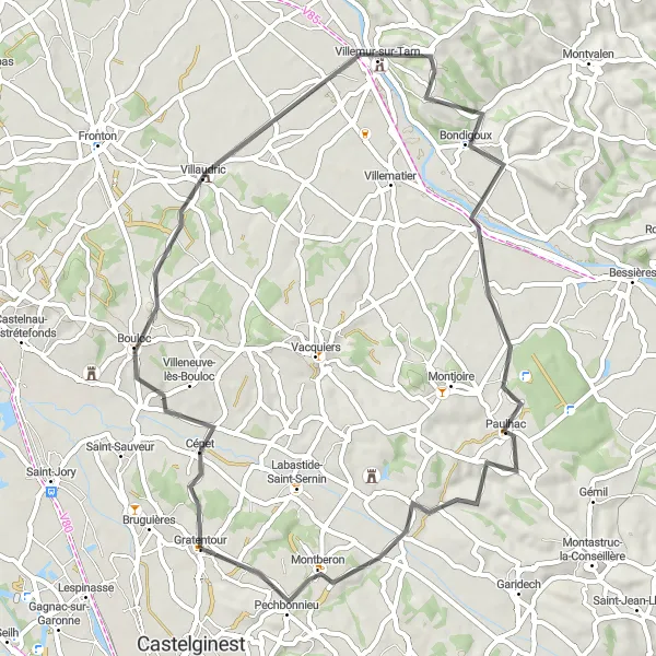 Miniaturní mapa "Cyklistická trasa okolo Gratentour - 56 km" inspirace pro cyklisty v oblasti Midi-Pyrénées, France. Vytvořeno pomocí plánovače tras Tarmacs.app