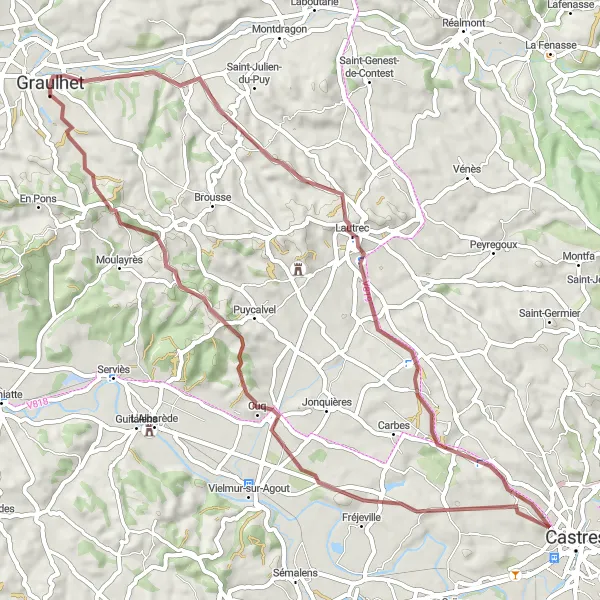 Miniatua del mapa de inspiración ciclista "Ruta de Grava alrededor de Graulhet" en Midi-Pyrénées, France. Generado por Tarmacs.app planificador de rutas ciclistas