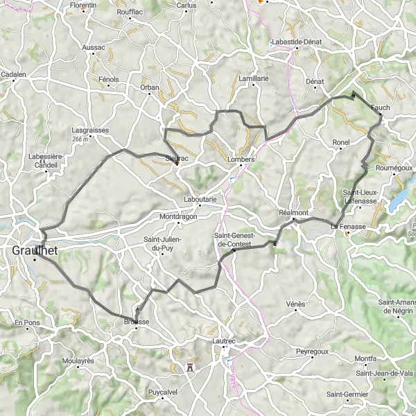 Zemljevid v pomanjšavi "Ruralna avantura v bližini Graulheta" kolesarske inspiracije v Midi-Pyrénées, France. Generirano z načrtovalcem kolesarskih poti Tarmacs.app