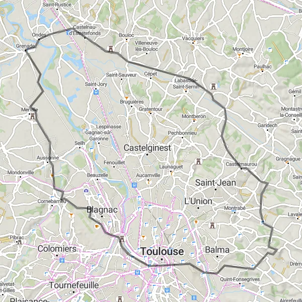 Miniatua del mapa de inspiración ciclista "Aventura en Bicicleta de Grenade a Toulouse" en Midi-Pyrénées, France. Generado por Tarmacs.app planificador de rutas ciclistas