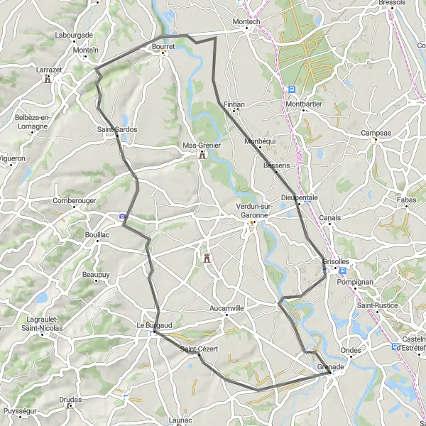 Map miniature of "Châteaux and Abbeys" cycling inspiration in Midi-Pyrénées, France. Generated by Tarmacs.app cycling route planner