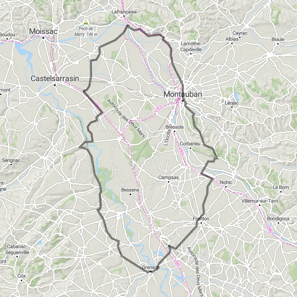Miniature de la carte de l'inspiration cycliste "Randonnée à vélo autour de Montauban" dans la Midi-Pyrénées, France. Générée par le planificateur d'itinéraire cycliste Tarmacs.app