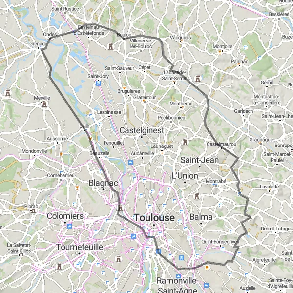 Zemljevid v pomanjšavi "Pot od Castelnau-d'Estrétefonds do Grenade" kolesarske inspiracije v Midi-Pyrénées, France. Generirano z načrtovalcem kolesarskih poti Tarmacs.app