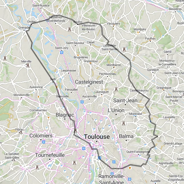 Mapa miniatúra "Z Grenade na Castelnau-d'Estrétefonds" cyklistická inšpirácia v Midi-Pyrénées, France. Vygenerované cyklistickým plánovačom trás Tarmacs.app