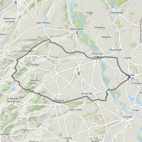 Map miniature of "The Verdun-sur-Garonne Loop" cycling inspiration in Midi-Pyrénées, France. Generated by Tarmacs.app cycling route planner