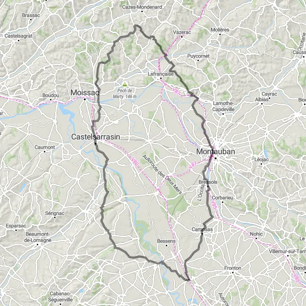 Miniatura mapy "Przejażdżka przez historyczne miasta i piękne krajobrazy" - trasy rowerowej w Midi-Pyrénées, France. Wygenerowane przez planer tras rowerowych Tarmacs.app