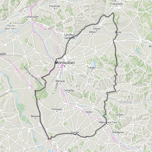 Miniature de la carte de l'inspiration cycliste "Escapade à velo autour de Grisolles" dans la Midi-Pyrénées, France. Générée par le planificateur d'itinéraire cycliste Tarmacs.app