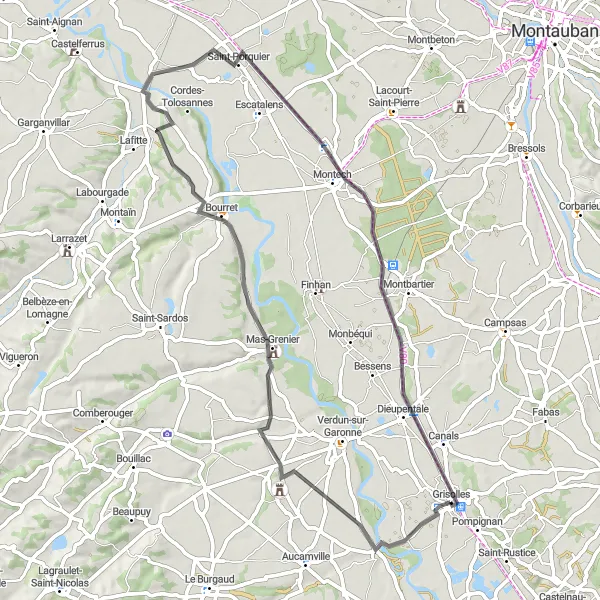 Miniatua del mapa de inspiración ciclista "Ruta por carretera a Château de Savenès" en Midi-Pyrénées, France. Generado por Tarmacs.app planificador de rutas ciclistas