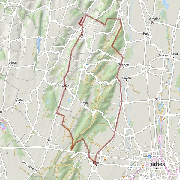 Miniatua del mapa de inspiración ciclista "Ruta de Ciclismo en Grava en Ibos y alrededores" en Midi-Pyrénées, France. Generado por Tarmacs.app planificador de rutas ciclistas