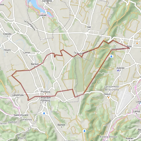 Miniaturní mapa "Trasa Lamarque-Pontacq" inspirace pro cyklisty v oblasti Midi-Pyrénées, France. Vytvořeno pomocí plánovače tras Tarmacs.app