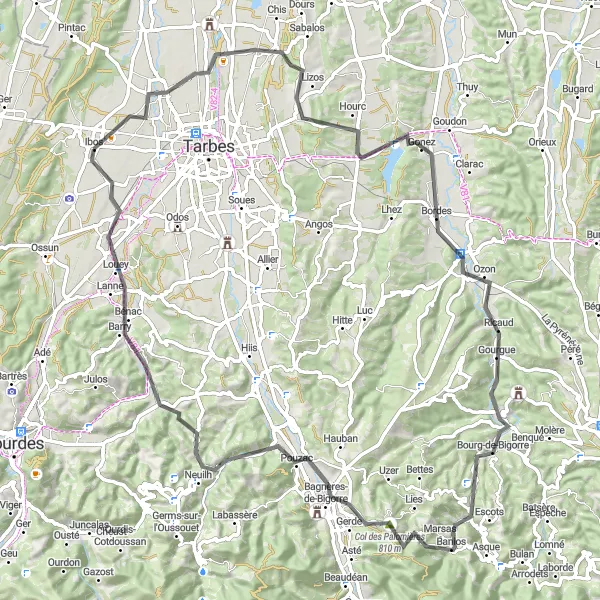 Miniatua del mapa de inspiración ciclista "Desafío ciclista en tierras montañosas" en Midi-Pyrénées, France. Generado por Tarmacs.app planificador de rutas ciclistas