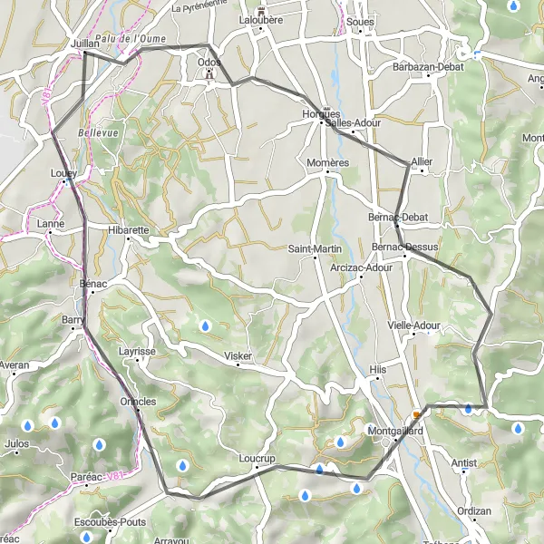 Karten-Miniaturansicht der Radinspiration "Kurze Rundfahrt von Juillan nach Orincles" in Midi-Pyrénées, France. Erstellt vom Tarmacs.app-Routenplaner für Radtouren