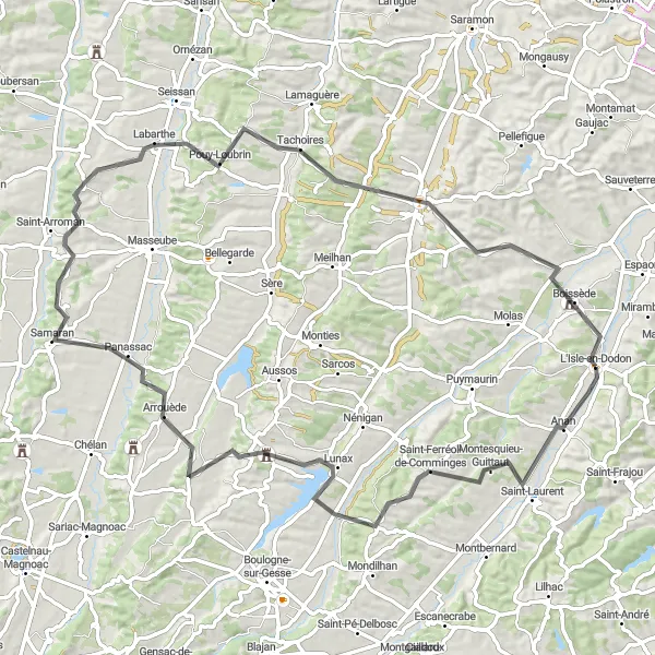 Mapa miniatúra "Cyklistická trasa cez miestne dedinky" cyklistická inšpirácia v Midi-Pyrénées, France. Vygenerované cyklistickým plánovačom trás Tarmacs.app