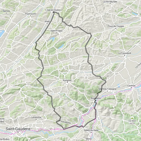 Mapa miniatúra "Cyklotúra okolo L'Isle-en-Dodon (Midi-Pyrénées, Francúzsko) - Road" cyklistická inšpirácia v Midi-Pyrénées, France. Vygenerované cyklistickým plánovačom trás Tarmacs.app