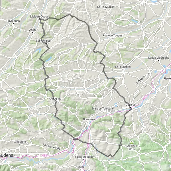 Kartminiatyr av "Bergig vägcykling nära L'Isle-en-Dodon" cykelinspiration i Midi-Pyrénées, France. Genererad av Tarmacs.app cykelruttplanerare