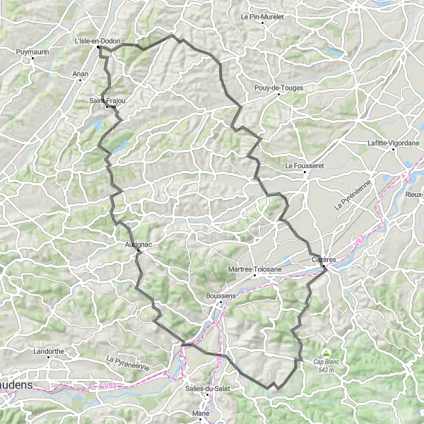 Miniaturní mapa "Cyklistická trasa kolem L'Isle-en-Dodon" inspirace pro cyklisty v oblasti Midi-Pyrénées, France. Vytvořeno pomocí plánovače tras Tarmacs.app