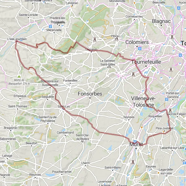 Mapa miniatúra "Gravel okruh cez L'Isle-Jourdain" cyklistická inšpirácia v Midi-Pyrénées, France. Vygenerované cyklistickým plánovačom trás Tarmacs.app