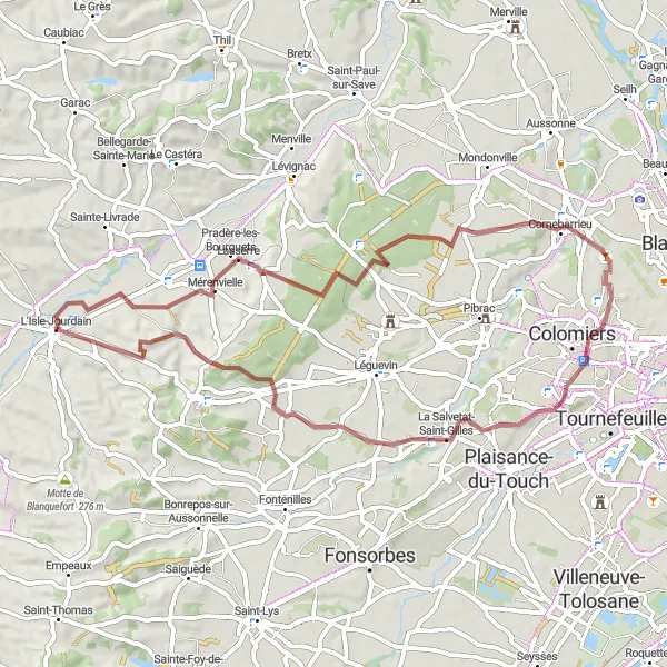 Mapa miniatúra "Gravel Adventure to Lasserre" cyklistická inšpirácia v Midi-Pyrénées, France. Vygenerované cyklistickým plánovačom trás Tarmacs.app