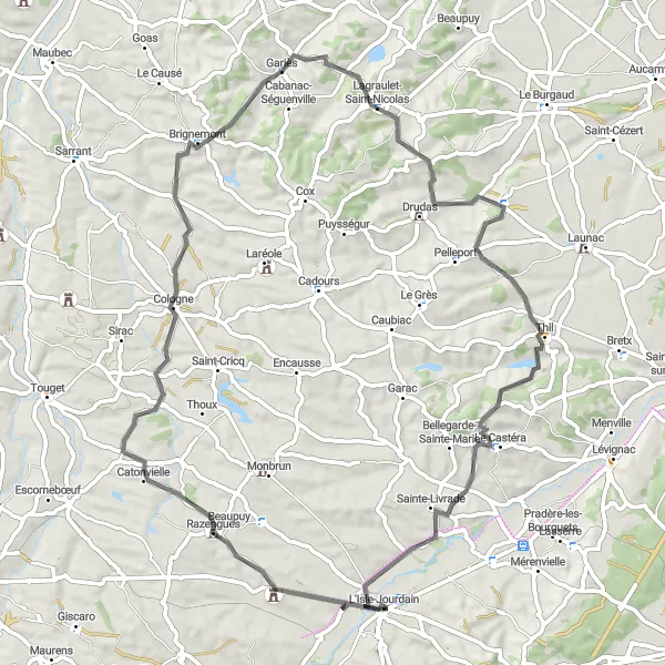 Zemljevid v pomanjšavi "Road Trip do Le Castéra" kolesarske inspiracije v Midi-Pyrénées, France. Generirano z načrtovalcem kolesarskih poti Tarmacs.app