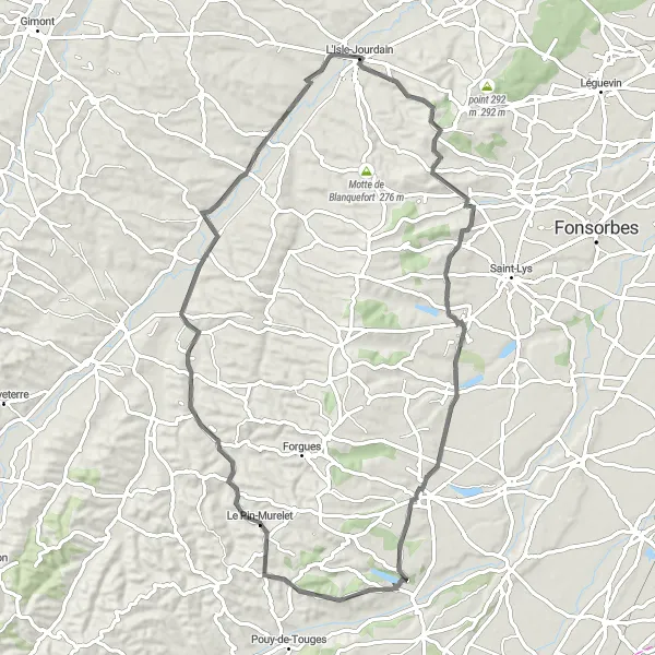 Map miniature of "L'Isle-Jourdain Loop" cycling inspiration in Midi-Pyrénées, France. Generated by Tarmacs.app cycling route planner