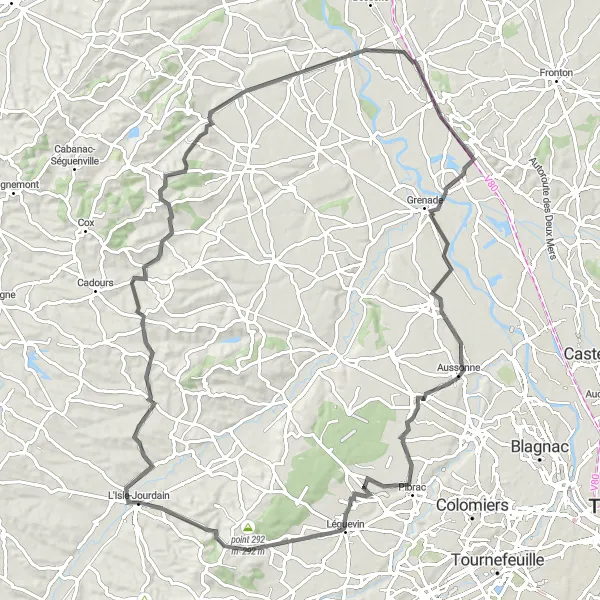 Zemljevid v pomanjšavi "Potovanje iz L'Isle-Jourdain" kolesarske inspiracije v Midi-Pyrénées, France. Generirano z načrtovalcem kolesarskih poti Tarmacs.app