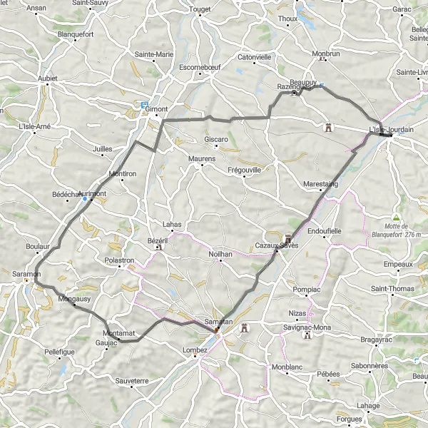 Miniatua del mapa de inspiración ciclista "Recorrido en carretera a través de pintorescas localidades" en Midi-Pyrénées, France. Generado por Tarmacs.app planificador de rutas ciclistas