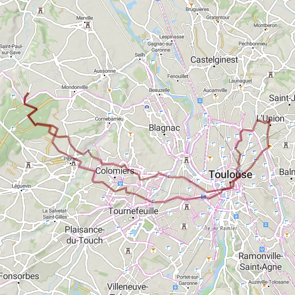 Kartminiatyr av "Toulouse til Colomiers Gravel Loop" sykkelinspirasjon i Midi-Pyrénées, France. Generert av Tarmacs.app sykkelrutoplanlegger