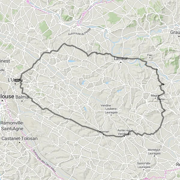 Map miniature of "Hills of Balma" cycling inspiration in Midi-Pyrénées, France. Generated by Tarmacs.app cycling route planner