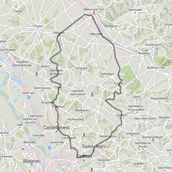 Miniaturní mapa "Road Route to L'Union" inspirace pro cyklisty v oblasti Midi-Pyrénées, France. Vytvořeno pomocí plánovače tras Tarmacs.app