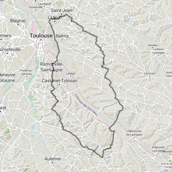 Miniaturní mapa "Road Route to Montaudran" inspirace pro cyklisty v oblasti Midi-Pyrénées, France. Vytvořeno pomocí plánovače tras Tarmacs.app