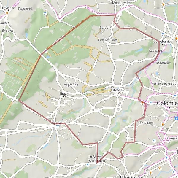 Mapa miniatúra "Trasa cez Léguevin a Cornebarrieu" cyklistická inšpirácia v Midi-Pyrénées, France. Vygenerované cyklistickým plánovačom trás Tarmacs.app