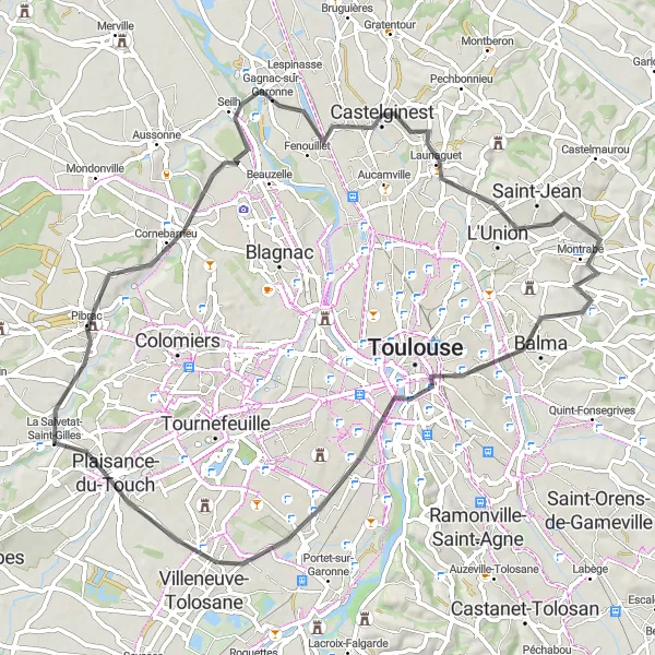 Miniaturní mapa "Okruh kolem Pibrac a Montrabé" inspirace pro cyklisty v oblasti Midi-Pyrénées, France. Vytvořeno pomocí plánovače tras Tarmacs.app