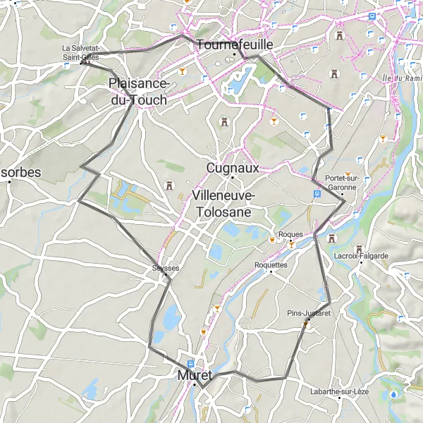 Miniatua del mapa de inspiración ciclista "Recorrido corto, pero lleno de encanto en La Salvetat-Saint-Gilles" en Midi-Pyrénées, France. Generado por Tarmacs.app planificador de rutas ciclistas