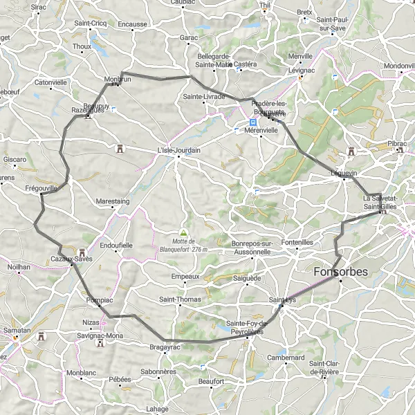 Mapa miniatúra "Okruhová cyklistická trasa cez Saint-Lys, Bragayrac, Frégouville, Monbrun a Léguevin" cyklistická inšpirácia v Midi-Pyrénées, France. Vygenerované cyklistickým plánovačom trás Tarmacs.app