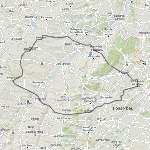 Mapa miniatúra "Okruh na bicykloch cez Fontenilles a Frégouville" cyklistická inšpirácia v Midi-Pyrénées, France. Vygenerované cyklistickým plánovačom trás Tarmacs.app