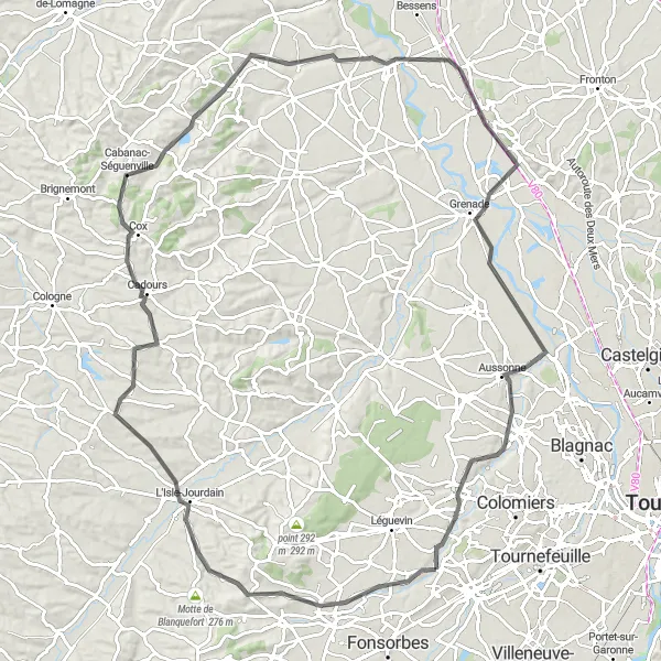 Kartminiatyr av "Fontenilles till Pibrac cykelväg" cykelinspiration i Midi-Pyrénées, France. Genererad av Tarmacs.app cykelruttplanerare