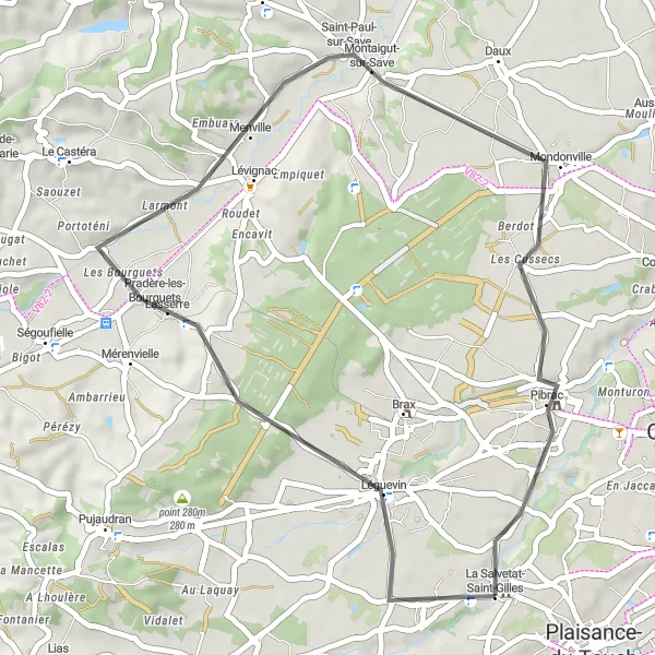 Map miniature of "The Lasserre-Mondonville-Pibrac Circuit" cycling inspiration in Midi-Pyrénées, France. Generated by Tarmacs.app cycling route planner