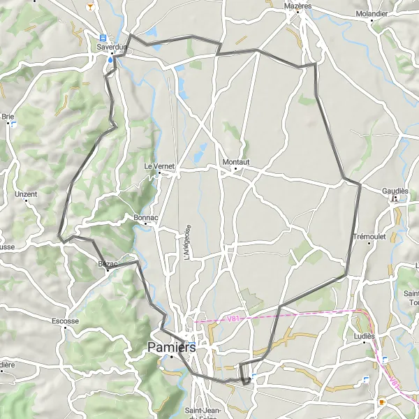 Mapa miniatúra "Cestný okruh cez Saverdun a Trémoulet" cyklistická inšpirácia v Midi-Pyrénées, France. Vygenerované cyklistickým plánovačom trás Tarmacs.app