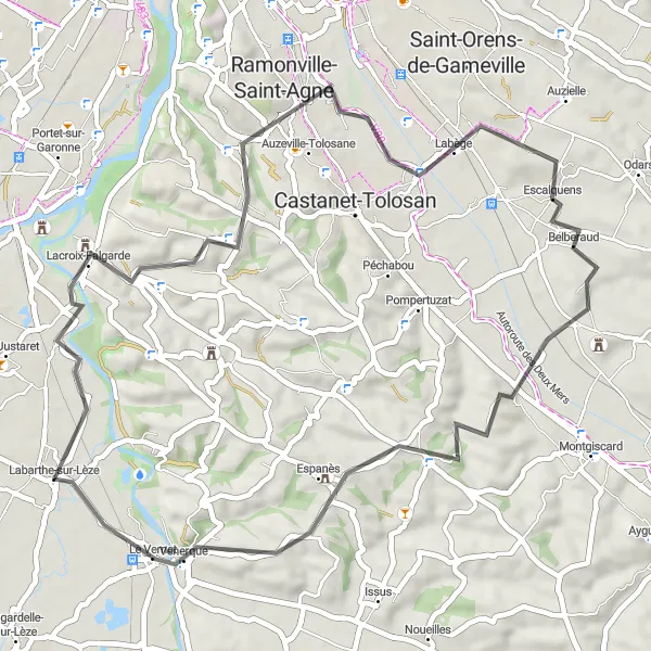 Miniature de la carte de l'inspiration cycliste "Les collines autour de Toulouse" dans la Midi-Pyrénées, France. Générée par le planificateur d'itinéraire cycliste Tarmacs.app