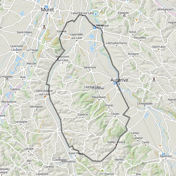 Map miniature of "Auterive Adventure" cycling inspiration in Midi-Pyrénées, France. Generated by Tarmacs.app cycling route planner