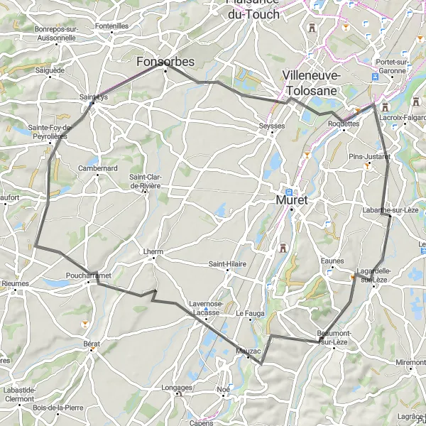 Miniature de la carte de l'inspiration cycliste "Parcours des Coteaux de la Lèze" dans la Midi-Pyrénées, France. Générée par le planificateur d'itinéraire cycliste Tarmacs.app
