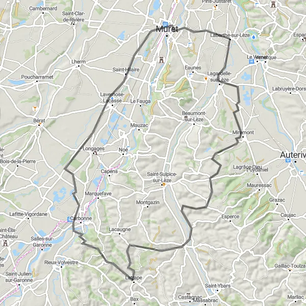 Map miniature of "Lezat-sur-Lèze Loop" cycling inspiration in Midi-Pyrénées, France. Generated by Tarmacs.app cycling route planner