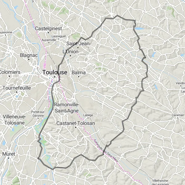 Mapa miniatúra "Okružná trasa okolo Lacroix-Falgarde" cyklistická inšpirácia v Midi-Pyrénées, France. Vygenerované cyklistickým plánovačom trás Tarmacs.app