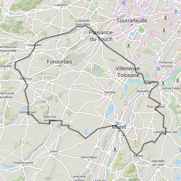 Kartminiatyr av "Labarthe-sur-Lèze til Pins-Justaret" sykkelinspirasjon i Midi-Pyrénées, France. Generert av Tarmacs.app sykkelrutoplanlegger