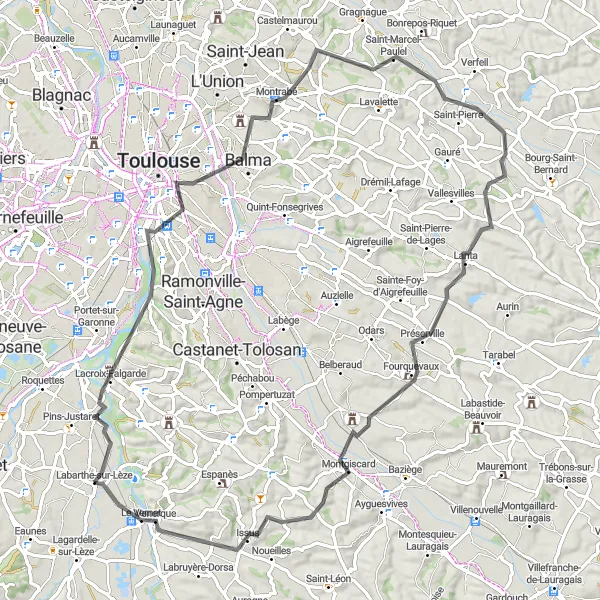 Miniatua del mapa de inspiración ciclista "Exploración por Belbèze-de-Lauragais" en Midi-Pyrénées, France. Generado por Tarmacs.app planificador de rutas ciclistas