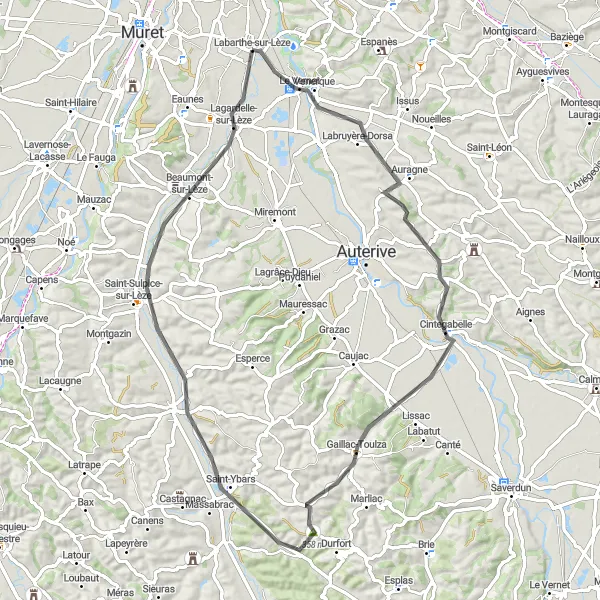 Map miniature of "Venerque Circuit" cycling inspiration in Midi-Pyrénées, France. Generated by Tarmacs.app cycling route planner