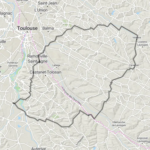 Miniaturní mapa "Trasa Aureville-Venerque" inspirace pro cyklisty v oblasti Midi-Pyrénées, France. Vytvořeno pomocí plánovače tras Tarmacs.app