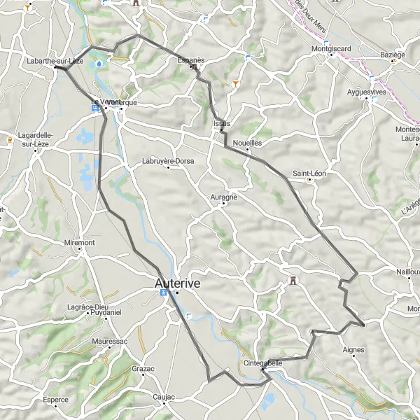 Miniatua del mapa de inspiración ciclista "Ruta a Cintegabelle" en Midi-Pyrénées, France. Generado por Tarmacs.app planificador de rutas ciclistas